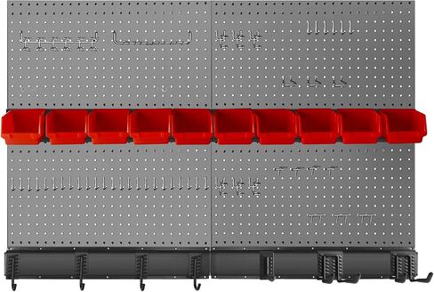 Metal Pegboard Wall Organizer for Garage 32 * 48in, 72PCS Pegboard Accessories Organizer Kit with Pegboard Bins, Hooks, Peg Locks, Pegboard Storage System for Workbench, Garage, Shop, Shed in Saudi Arabia