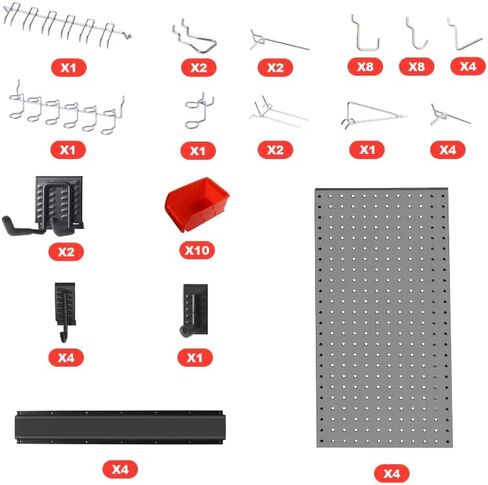 Metal Pegboard Wall Organizer for Garage 32 * 48in, 72PCS Pegboard Accessories Organizer Kit with Pegboard Bins, Hooks, Peg Locks, Pegboard Storage System for Workbench, Garage, Shop, Shed in Saudi Arabia