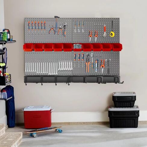 Metal Pegboard Wall Organizer for Garage 32 * 48in, 72PCS Pegboard Accessories Organizer Kit with Pegboard Bins, Hooks, Peg Locks, Pegboard Storage System for Workbench, Garage, Shop, Shed in Saudi Arabia