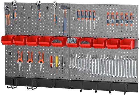 Metal Pegboard Wall Organizer for Garage 32 * 48in, 72PCS Pegboard Accessories Organizer Kit with Pegboard Bins, Hooks, Peg Locks, Pegboard Storage System for Workbench, Garage, Shop, Shed in Saudi Arabia