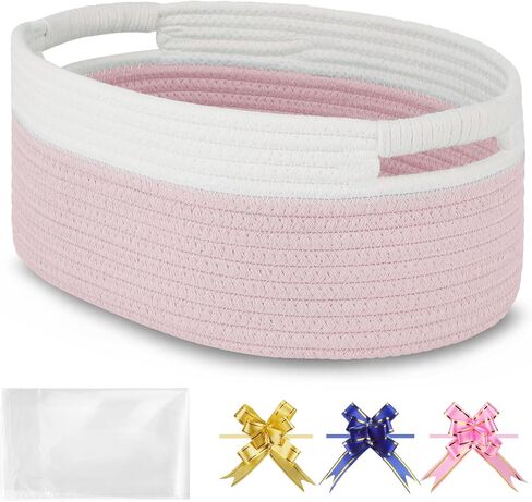 Small Woven Gift Basket with Bag & Ribbons, Light Pink | Cotton Rope, 13"x 9"x 5.5", Fits for Kids, Women & Men, Bedroom, Living Room, Nursery & Bathroom Storage, Cat & Dog Toy Boxes in Saudi Arabia