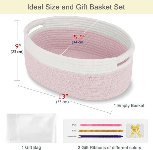 Small Woven Gift Basket with Bag & Ribbons, Light Pink | Cotton Rope, 13"x 9"x 5.5", Fits for Kids, Women & Men, Bedroom, Living Room, Nursery & Bathroom Storage, Cat & Dog Toy Boxes in Saudi Arabia