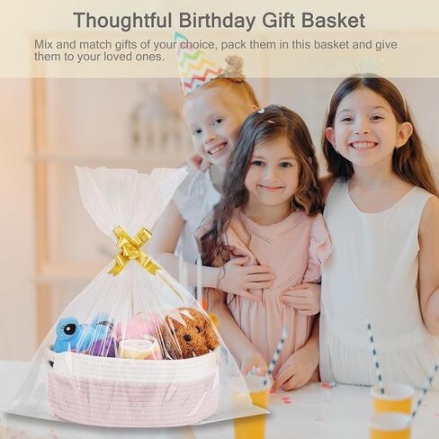 Small Woven Gift Basket with Bag & Ribbons, Light Pink | Cotton Rope, 13"x 9"x 5.5", Fits for Kids, Women & Men, Bedroom, Living Room, Nursery & Bathroom Storage, Cat & Dog Toy Boxes in Saudi Arabia