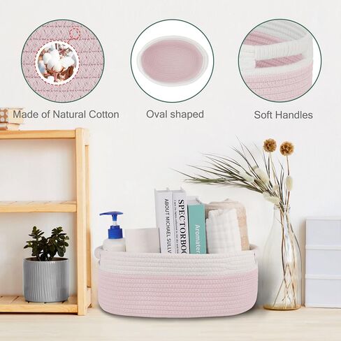 Small Woven Gift Basket with Bag & Ribbons, Light Pink | Cotton Rope, 13"x 9"x 5.5", Fits for Kids, Women & Men, Bedroom, Living Room, Nursery & Bathroom Storage, Cat & Dog Toy Boxes in Saudi Arabia