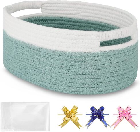 Small Woven Gift Basket with Bag & Ribbons, Light Pink | Cotton Rope, 13"x 9"x 5.5", Fits for Kids, Women & Men, Bedroom, Living Room, Nursery & Bathroom Storage, Cat & Dog Toy Boxes in Saudi Arabia