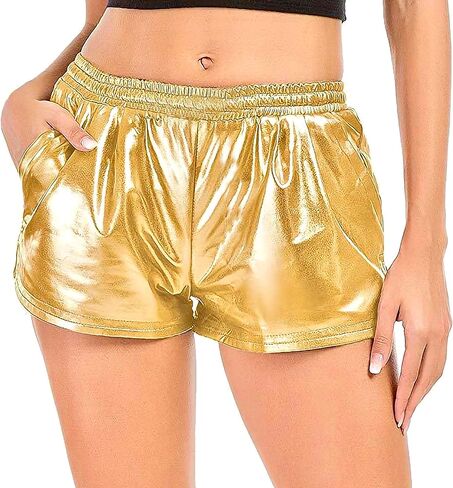 JINKAIJIA سراويل نسائية لامعة معدنية سباركلي الهذيان الساخن الزي مرونة الرياضة سراويل قصيرة ملابس الرقص ملابس الأداء in Kuwait