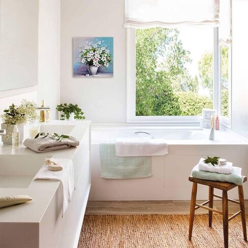 Bathroom Wall Decor, Pink Flowers Wall Art, Fashion Canvas Pictures Bathroom Wall Art for Bedroom Living Room Wall Decor Painting Picture Artwork Wood Framed Wall Decor Easy to Hang Size 13x13in in Saudi Arabia