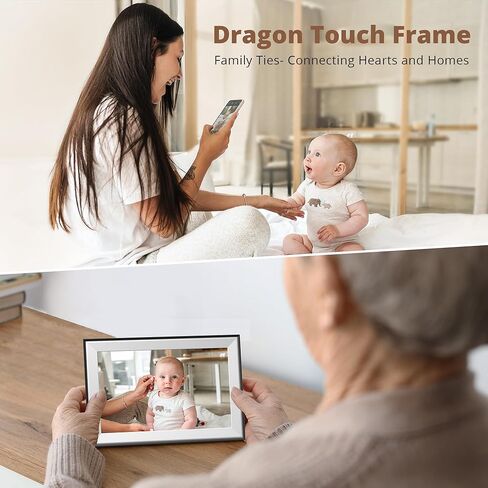 إطار صور رقمي Dragon Touch - إطار صور رقمي واي فاي 10.1 للهدايا، عرض مقاطع الفيديو على إطار شاشة تعمل باللمس يمكن تدويره تلقائيًا وقابل للتثبيت على الحائط، مشاركة سهلة، إرسال عبر تطبيق الهاتف، البريد الإلكتروني، بني خشبي in Kuwait