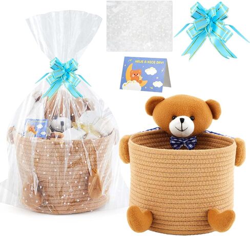 Juexica Baby Laundry Basket with Gift Card, Bags and Ribbons Cute Bear Nursery Storage Basket Cotton Rope Woven Baby Basket Gift for Living Room Indoor Toy Bin, Brown, 10.5 x 8.5 x 9.5 Inch in Saudi Arabia