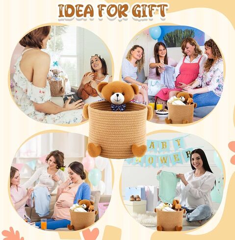 Juexica Baby Laundry Basket with Gift Card, Bags and Ribbons Cute Bear Nursery Storage Basket Cotton Rope Woven Baby Basket Gift for Living Room Indoor Toy Bin, Brown, 10.5 x 8.5 x 9.5 Inch in Saudi Arabia