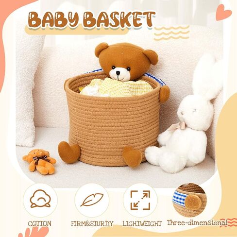 Juexica Baby Laundry Basket with Gift Card, Bags and Ribbons Cute Bear Nursery Storage Basket Cotton Rope Woven Baby Basket Gift for Living Room Indoor Toy Bin, Brown, 10.5 x 8.5 x 9.5 Inch in Saudi Arabia