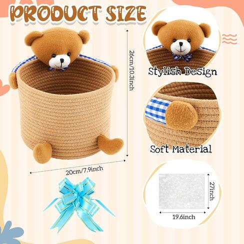 Juexica Baby Laundry Basket with Gift Card, Bags and Ribbons Cute Bear Nursery Storage Basket Cotton Rope Woven Baby Basket Gift for Living Room Indoor Toy Bin, Brown, 10.5 x 8.5 x 9.5 Inch in Saudi Arabia