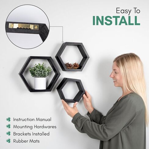 Hexagon Floating Shelves for Bedroom, Bathroom, Kitchen and Living Room Wall Decor & Storage, Set of 3, Wall Mounted Honeycomb Shelves - includes Wall Mounts & Screws in Saudi Arabia