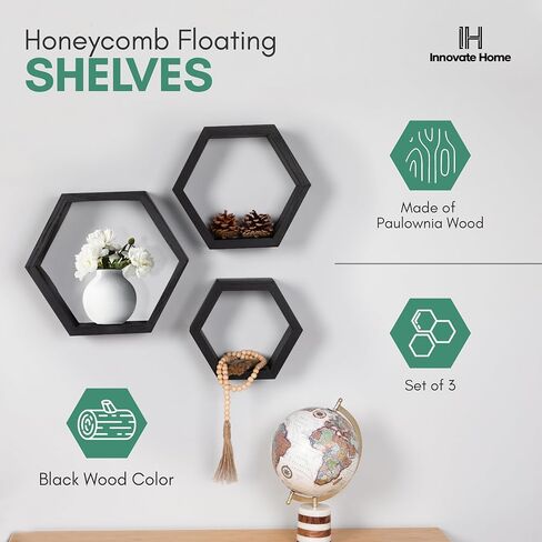 Hexagon Floating Shelves for Bedroom, Bathroom, Kitchen and Living Room Wall Decor & Storage, Set of 3, Wall Mounted Honeycomb Shelves - includes Wall Mounts & Screws in Saudi Arabia