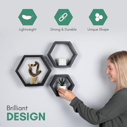 Hexagon Floating Shelves for Bedroom, Bathroom, Kitchen and Living Room Wall Decor & Storage, Set of 3, Wall Mounted Honeycomb Shelves - includes Wall Mounts & Screws in Saudi Arabia