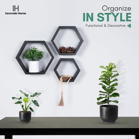 Hexagon Floating Shelves for Bedroom, Bathroom, Kitchen and Living Room Wall Decor & Storage, Set of 3, Wall Mounted Honeycomb Shelves - includes Wall Mounts & Screws in Saudi Arabia