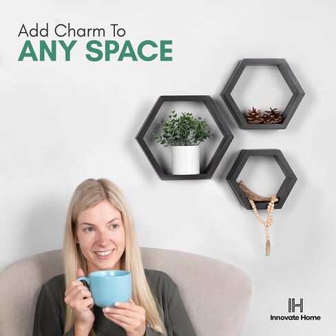 Hexagon Floating Shelves for Bedroom, Bathroom, Kitchen and Living Room Wall Decor & Storage, Set of 3, Wall Mounted Honeycomb Shelves - includes Wall Mounts & Screws in Saudi Arabia