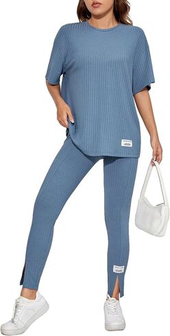 MakeMeChic Women's Casual Solid 2 Piece Short Sleeve Split Hem Tee Tops and Skinny Pants Leggings Set in Saudi Arabia