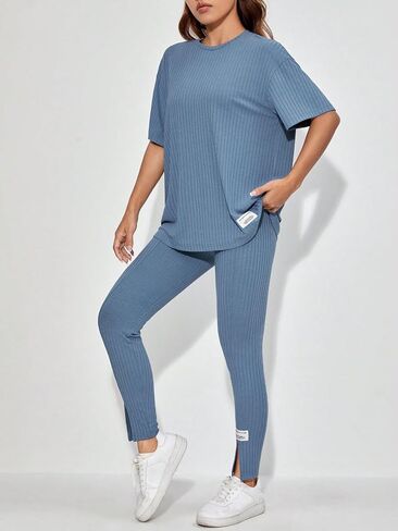 MakeMeChic Women's Casual Solid 2 Piece Short Sleeve Split Hem Tee Tops and Skinny Pants Leggings Set in Saudi Arabia