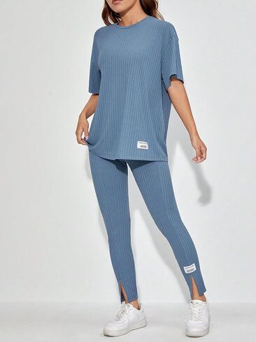 MakeMeChic Women's Casual Solid 2 Piece Short Sleeve Split Hem Tee Tops and Skinny Pants Leggings Set in Saudi Arabia