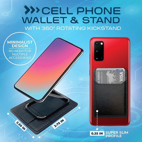 Slim Cell Phone Wallet Stick On with Built-In Collapsible 360° Rotating Folding Stand - Cell Phone Card Holder for Back of Phone Wallet Attachment with Kickstand - Attachable Wallet for Phone Case in Saudi Arabia