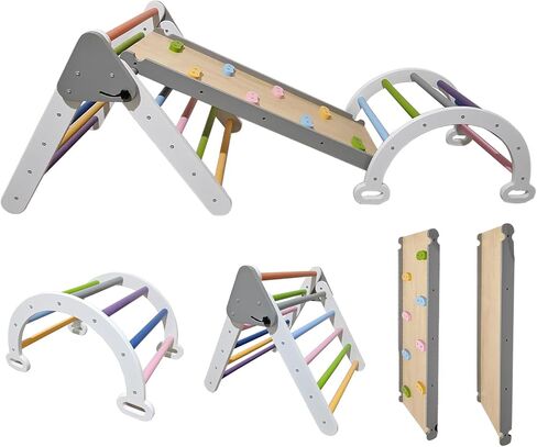 Pikler Triangle Climbing Set for Toddler 7 in 1 Rainbow Indoor Climber Set Foldable Montessori Wooden Climbing Toy with Ramp and Arch Indoor Gyms Playground for Toddlers Kids in Saudi Arabia