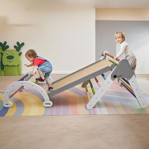 Pikler Triangle Climbing Set for Toddler 7 in 1 Rainbow Indoor Climber Set Foldable Montessori Wooden Climbing Toy with Ramp and Arch Indoor Gyms Playground for Toddlers Kids in Saudi Arabia