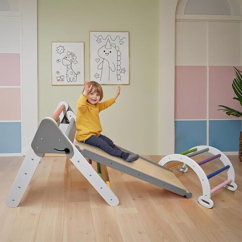 Pikler Triangle Climbing Set for Toddler 7 in 1 Rainbow Indoor Climber Set Foldable Montessori Wooden Climbing Toy with Ramp and Arch Indoor Gyms Playground for Toddlers Kids in Saudi Arabia