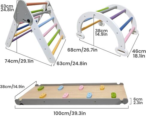 Pikler Triangle Climbing Set for Toddler 7 in 1 Rainbow Indoor Climber Set Foldable Montessori Wooden Climbing Toy with Ramp and Arch Indoor Gyms Playground for Toddlers Kids in Saudi Arabia