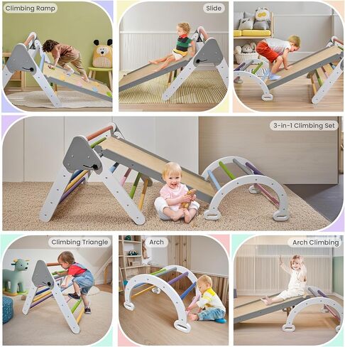 Pikler Triangle Climbing Set for Toddler 7 in 1 Rainbow Indoor Climber Set Foldable Montessori Wooden Climbing Toy with Ramp and Arch Indoor Gyms Playground for Toddlers Kids in Saudi Arabia
