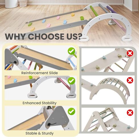 Pikler Triangle Climbing Set for Toddler 7 in 1 Rainbow Indoor Climber Set Foldable Montessori Wooden Climbing Toy with Ramp and Arch Indoor Gyms Playground for Toddlers Kids in Saudi Arabia