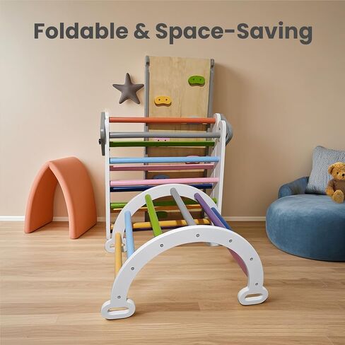Pikler Triangle Climbing Set for Toddler 7 in 1 Rainbow Indoor Climber Set Foldable Montessori Wooden Climbing Toy with Ramp and Arch Indoor Gyms Playground for Toddlers Kids in Saudi Arabia