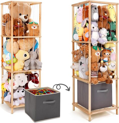 ACEPRUT Wood Stuffed Animal Storage Holder with Storage Basket, Space Save Three Tier Vertical Large Stuffed Animal Zoo Organizer for Playroom Bedroom, Toy Storage Birthday Gifts for Kids in Saudi Arabia