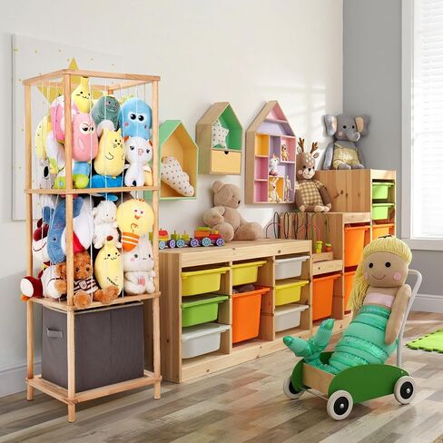 ACEPRUT Wood Stuffed Animal Storage Holder with Storage Basket, Space Save Three Tier Vertical Large Stuffed Animal Zoo Organizer for Playroom Bedroom, Toy Storage Birthday Gifts for Kids in Saudi Arabia