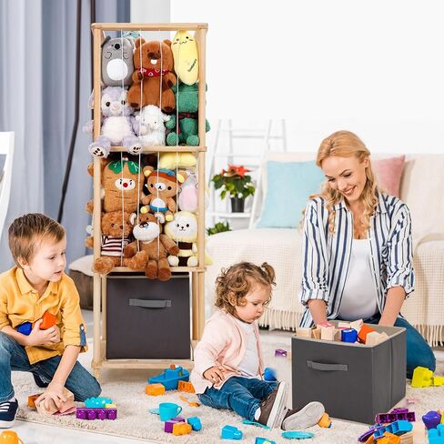 ACEPRUT Wood Stuffed Animal Storage Holder with Storage Basket, Space Save Three Tier Vertical Large Stuffed Animal Zoo Organizer for Playroom Bedroom, Toy Storage Birthday Gifts for Kids in Saudi Arabia