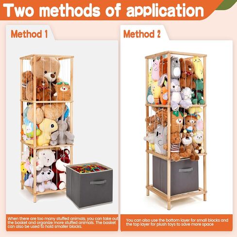 ACEPRUT Wood Stuffed Animal Storage Holder with Storage Basket, Space Save Three Tier Vertical Large Stuffed Animal Zoo Organizer for Playroom Bedroom, Toy Storage Birthday Gifts for Kids in Saudi Arabia