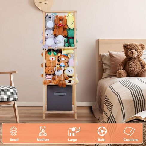 ACEPRUT Wood Stuffed Animal Storage Holder with Storage Basket, Space Save Three Tier Vertical Large Stuffed Animal Zoo Organizer for Playroom Bedroom, Toy Storage Birthday Gifts for Kids in Saudi Arabia