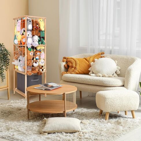 ACEPRUT Wood Stuffed Animal Storage Holder with Storage Basket, Space Save Three Tier Vertical Large Stuffed Animal Zoo Organizer for Playroom Bedroom, Toy Storage Birthday Gifts for Kids in Saudi Arabia