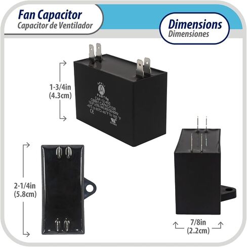 Appli Parts Fan Capacitor 12 mfd (microfarads) uf 250 VAC with 4 Terminal Connections compatible with any brand within the same range of capacitance 2-1/4in Width 7/8in Depth 1-3/4in Height CAP-12-250 in Saudi Arabia