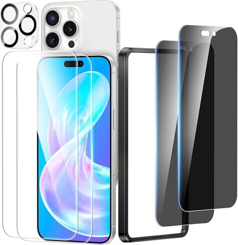 مجموعة من 4 قطع من واقي شاشة Meifigno لهاتف iPhone 16 Pro [2X HD Clear + 2X الخصوصية] مع 1X واقي عدسة الكاميرا، صلابة 9H مقاومة للكسر، حافظة صديقة لهاتف iPhone 16 Pro من الزجاج المقوى (6.3 بوصة) in Kuwait