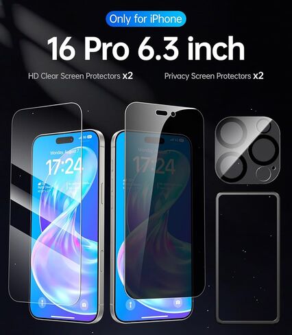 مجموعة من 4 قطع من واقي شاشة Meifigno لهاتف iPhone 16 Pro [2X HD Clear + 2X الخصوصية] مع 1X واقي عدسة الكاميرا، صلابة 9H مقاومة للكسر، حافظة صديقة لهاتف iPhone 16 Pro من الزجاج المقوى (6.3 بوصة) in Kuwait