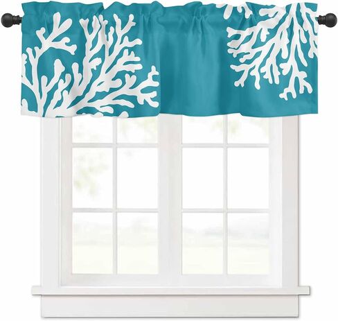 Navy Blue Coral Farmhouse Short Window Curtain Valances, Coastal Summer Beach Nautical Seaside Rod Pocket Kitchen Valances for Living Room Bedroom Bathroom Cafe, 1 Panel - 54" x 18" in Kuwait