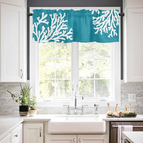 Navy Blue Coral Farmhouse Short Window Curtain Valances, Coastal Summer Beach Nautical Seaside Rod Pocket Kitchen Valances for Living Room Bedroom Bathroom Cafe, 1 Panel - 54" x 18" in Kuwait