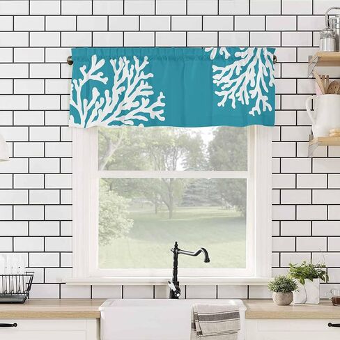 Navy Blue Coral Farmhouse Short Window Curtain Valances, Coastal Summer Beach Nautical Seaside Rod Pocket Kitchen Valances for Living Room Bedroom Bathroom Cafe, 1 Panel - 54" x 18" in Kuwait