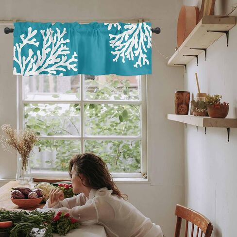 Navy Blue Coral Farmhouse Short Window Curtain Valances, Coastal Summer Beach Nautical Seaside Rod Pocket Kitchen Valances for Living Room Bedroom Bathroom Cafe, 1 Panel - 54" x 18" in Kuwait