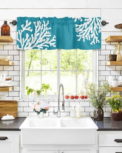 Navy Blue Coral Farmhouse Short Window Curtain Valances, Coastal Summer Beach Nautical Seaside Rod Pocket Kitchen Valances for Living Room Bedroom Bathroom Cafe, 1 Panel - 54" x 18" in Kuwait