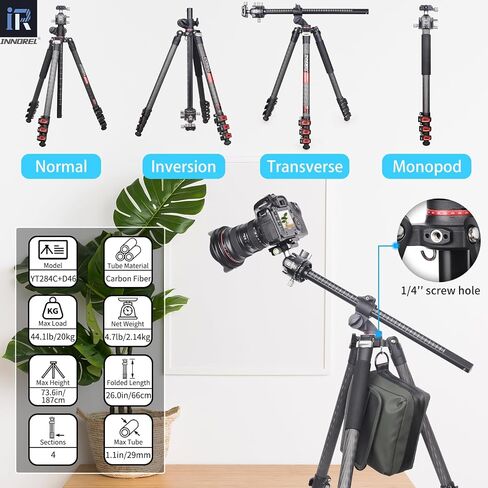 Carbon Fiber Horizontal Tripod INNOREL YT284C, Rotatable Multi-Angle Center Column and 46mm Low Gravity Ballhead Professional Camera Tripod Monopod for DSLR Video Camcorder Overhead Shooting Load 20kg in Saudi Arabia