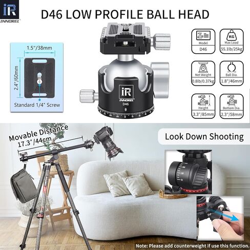Carbon Fiber Horizontal Tripod INNOREL YT284C, Rotatable Multi-Angle Center Column and 46mm Low Gravity Ballhead Professional Camera Tripod Monopod for DSLR Video Camcorder Overhead Shooting Load 20kg in Saudi Arabia