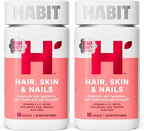 HABIT Hair, Skin & Nails Supplement 2 Pack (120 Capsules) - New Look, Supports Skin Hydration, Hair & Nail Strength, Biotin 2000mcg, Vitamin A & C, Hyaluronic Acid, Rosehip, Vegan, Non-GMO in Kuwait