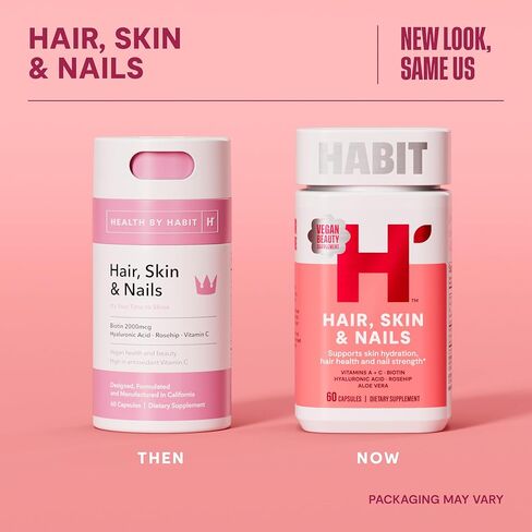 HABIT Hair, Skin & Nails Supplement 2 Pack (120 Capsules) - New Look, Supports Skin Hydration, Hair & Nail Strength, Biotin 2000mcg, Vitamin A & C, Hyaluronic Acid, Rosehip, Vegan, Non-GMO in Kuwait